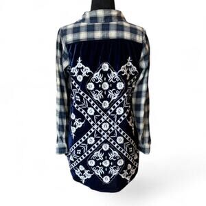 Hannah Plaid & Velvet Back Top – grunge embroidered M
